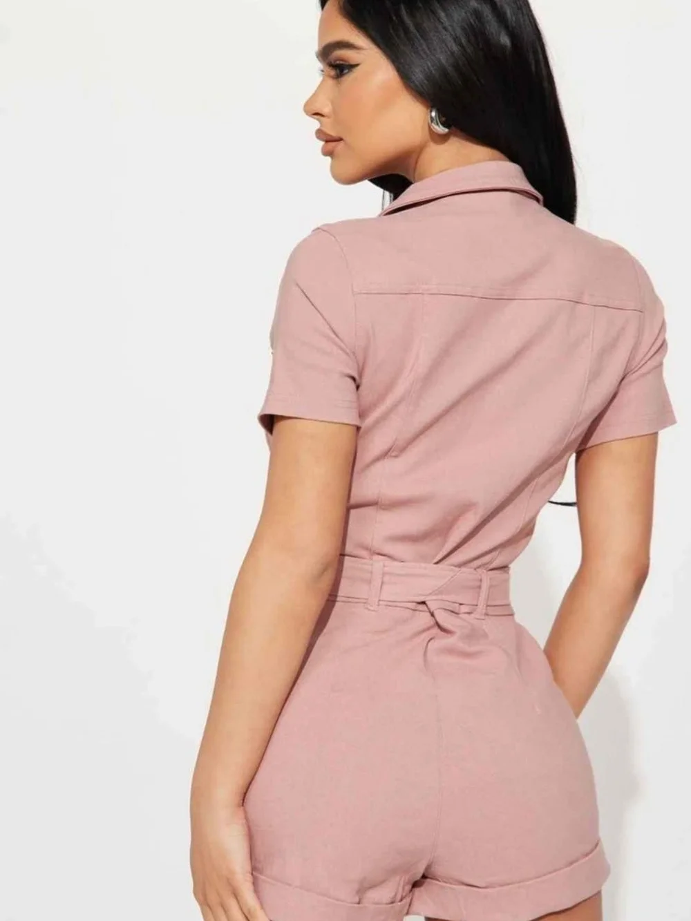 Fashion Nova Short Sleeve Tie-Waist Romper in Dusty Rose